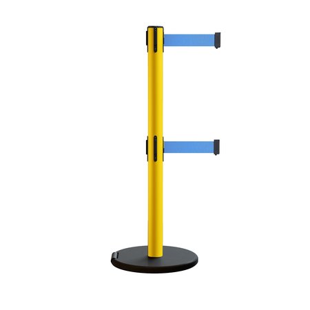 Retractable Belt Dbl Rolling Stanchion 2.5ft Yellow Post  11ft. Lt Blu